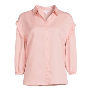 Time and Tru Soft Washed Pink Ruffle Buttonfront Blouse sz M NWT
